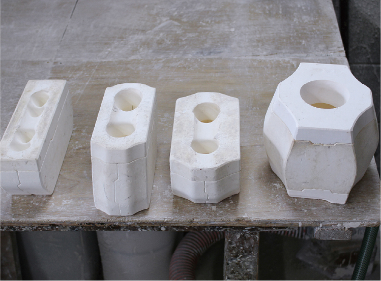 Plaster molds wear down with each use, and their ability to absorb moisture decreases, so a single mold can typically produce no more than 100 pieces.